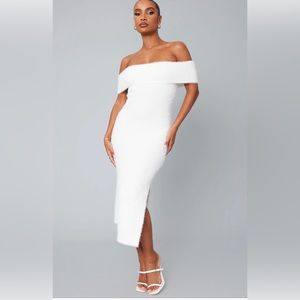 Pretty Little Thing White Eyelash Knit Bardot Maxi Dress